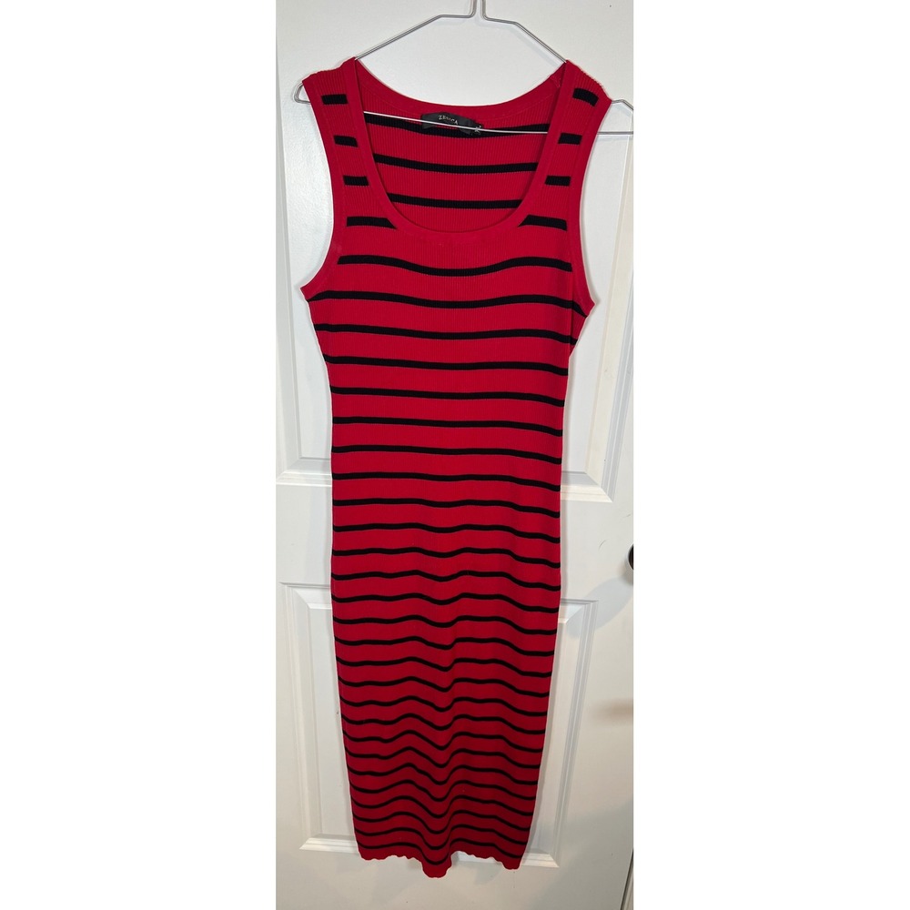 Zesica Women Sleeveless Ribbed Knit Striped Midi Bodycon Dress Red Black XL